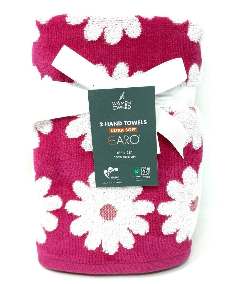 Caro Hot Pink Floral Hand Towels Daisies 2 Pcs Bright Pink White NWT Set Of 2